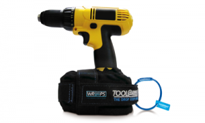 Power tool tether in black, tethering a yellow drill